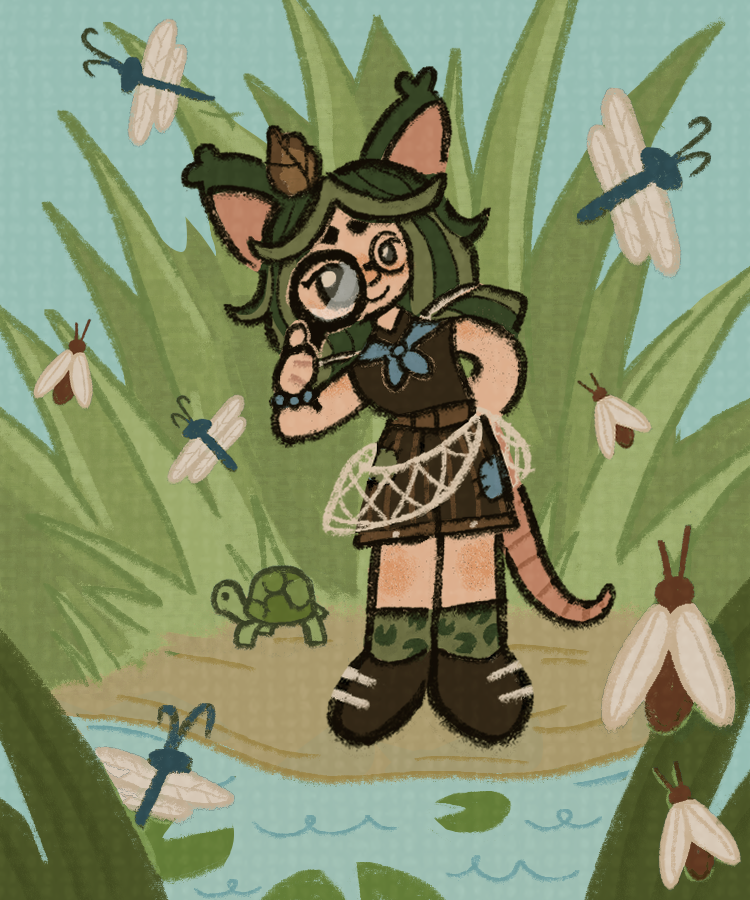 Drawing of my sona Skip, a green haired woman with mouse ears